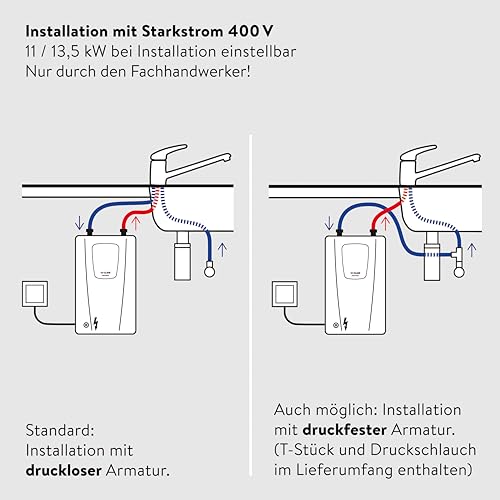 CLAGE CEX-U elektronischer Kompakt-Durchlauferhitzer für die Küche, 11–13,5 kW, 400V, gradgenaue Temperaturwahl, LED-Sensorbedienfeld, Festanschluss, Untertischmontage (Weiß, Komfort)