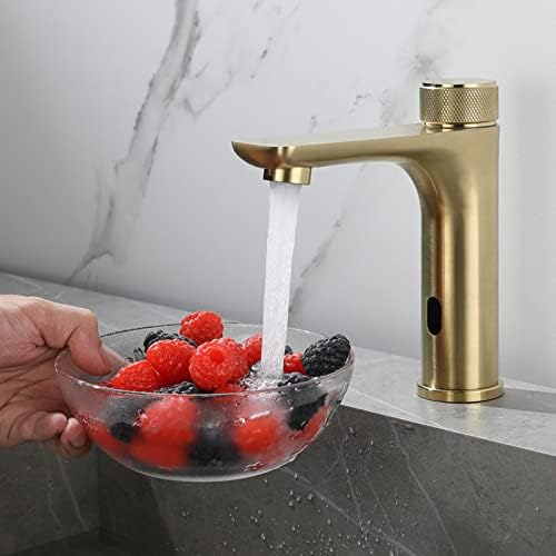 Automatic Bathroom Faucet with Infrared Sensor, Touchless Mixer Tap for Sink, Brushed Gold Finish, Hands-Free Lavatory Faucet, Modern Bathroom Accessory.