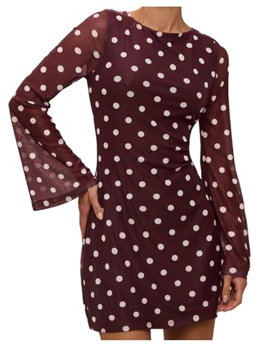 Milumia Women's Polka Dots Long Bell Sleeve Mesh Mini Dress Tie Backless A Line Short Dress Party Going Out Brown Medium