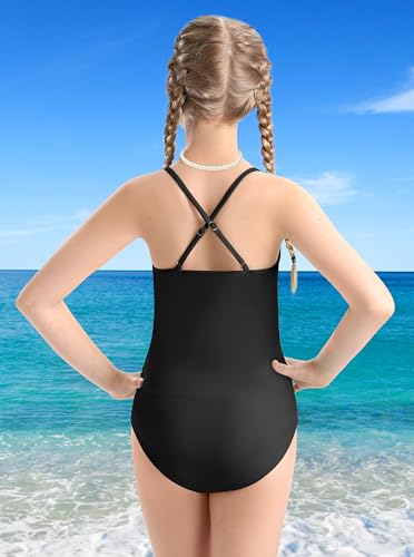 Image of Girls Swimsuit Criss Cross Ruched One Piece Bathing Suit with Printed Mesh Cover Ups Adjustable Straps Swimwear 7-16Y