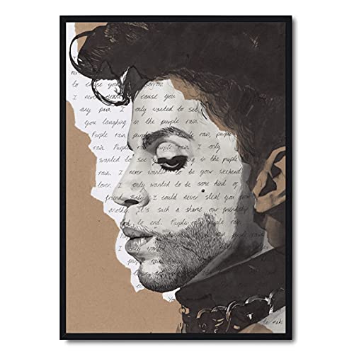 Décoration Murale Originale Prince Affiche Portrait et Paroles Purple Rain contre Murs Vides