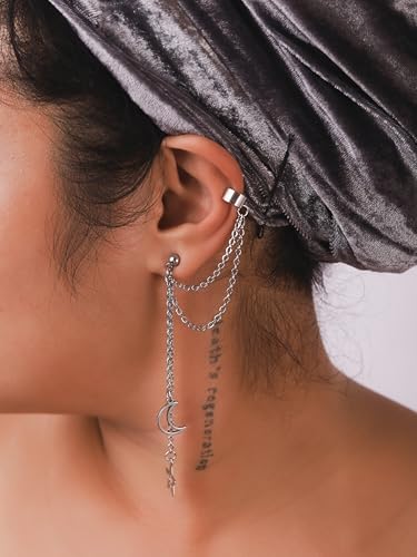 Sacina Goth Punk Silver-tone-Tone Moon and Star Earrings, Ear Cuff Gothic Punk Earrings, Emo Christmas Jewelry Gifts for Women3