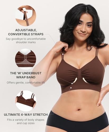 Image of SHAPELLX Stretchy Bra Wireless Comfy Bralatte Lounging Everyday Bra Brown L | No wire, light support, unpadded, 4-row hook, comfort, breathable, seamless, back smoothing, for lounge sleeping daily wear