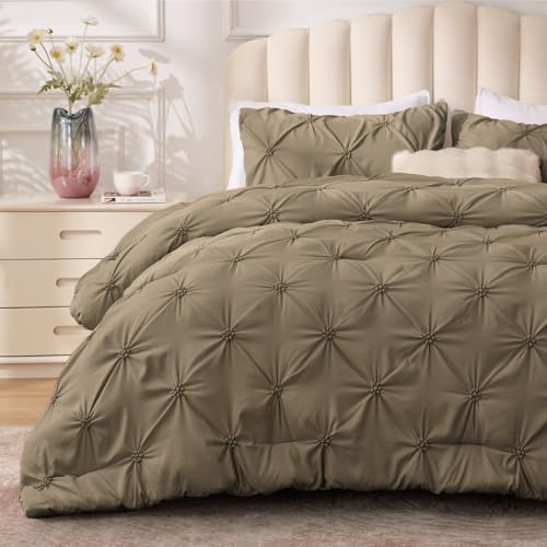Image of BEDELITE Queen Comforter Set Light Brown,Lightweight & Soft Comforter | Pintuck Boho Bedding, Warm & Cute Bed Set for All Season,With 2 Pillowcases