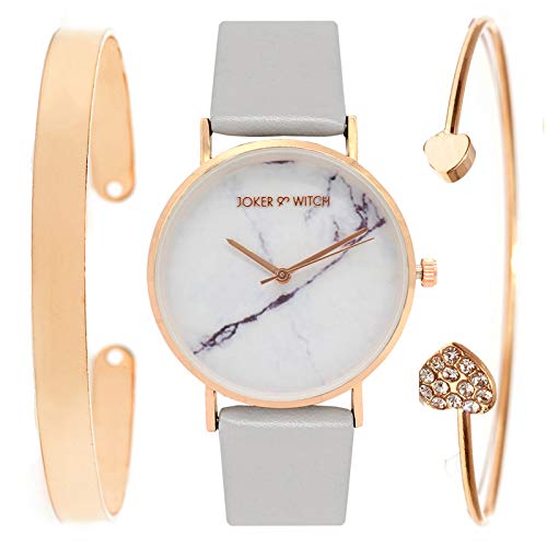 Image of Joker & Witch Synthetic Star Rosegold Analog Watch Bracelet Set For Women, White Dial, Gray Band