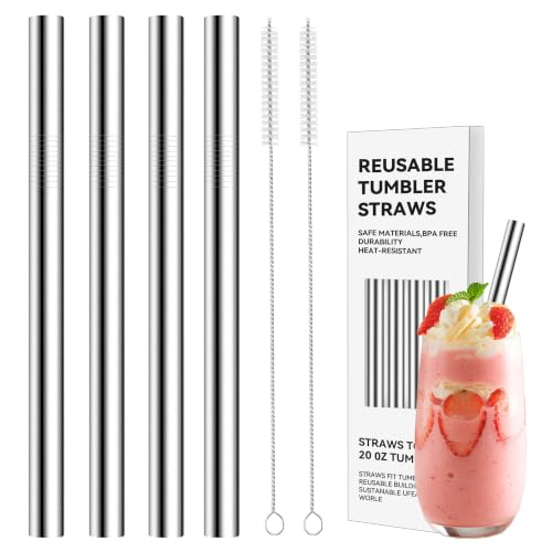6.5" Reusable Straight Stainless Steel Straws for 8-12oz Cups (4 Pack)