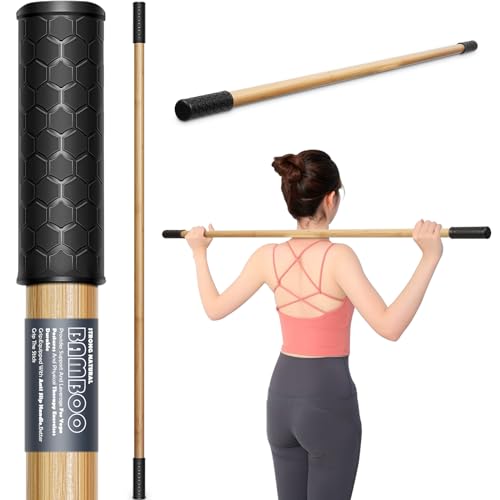 Mobilitätsstab, 150 cm Bambus Stretch Stick für Physiotherapie, Premium Yoga Dübel mit super stabilen Gummigriffenden, Übungsstange für Haltungskorrektur