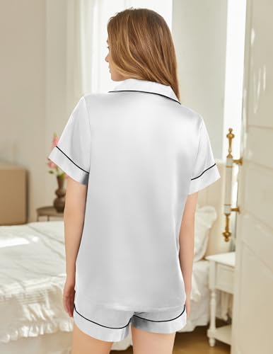 Image of Silk Pajamas for Women Short Sleeve Sleepwear Soft Button Down Loungewear 2 Piece Satin Pjs Shorts Set S-XXL
