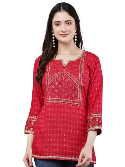 Image of Women's Pink Printed Short Kurti with Lace Trim, 3 /4 Sleeves, Ethnic Indian Style Top