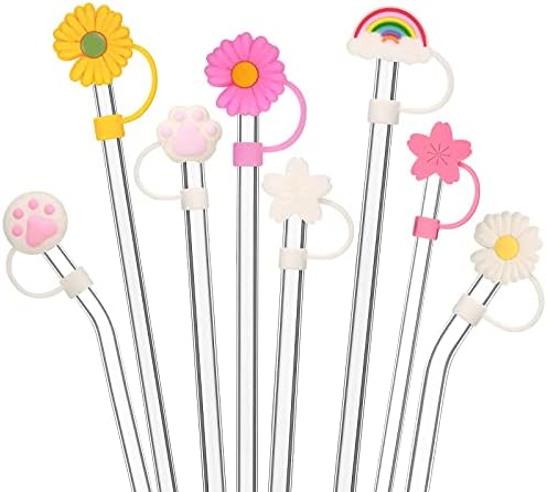 8 Pieces Silicone Straw Tips Cover Reusable Drinking Straw Lids Sunflower Cherry Blossom Rainbow Cat Paw Straw Cap Cover for 6-8 mm Straws Anti-dust Straw Tips Plugs