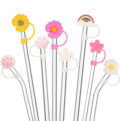 8 Pieces Silicone Straw Tips Cover Reusable Drinking Straw Lids Sunflower Cherry Blossom Rainbow Cat Paw Straw Cap Cover For 6-8 Mm Straws Anti-Dust Straw Tips Plugs #TOP14