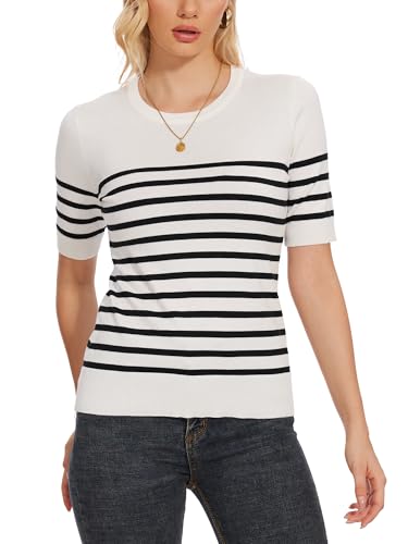 Image of Spicy Sandia Women's Short Sleeve Sweater Casual Knit Pullover Top for Summer Lightweight White and Black Striped M