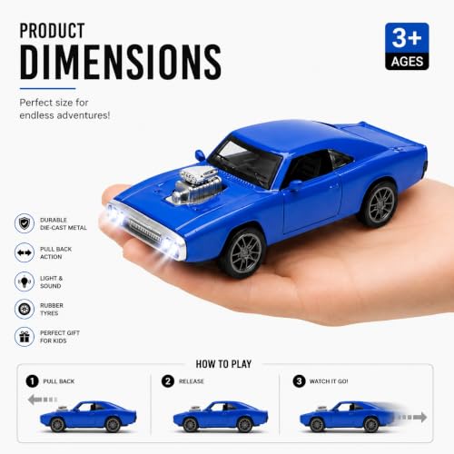 Image of 1970 Dodge Charger Fast & Furious - 1:36 Scale Die-Cast Alloy Toy Car for Kids | Pull-Back Model with Openable Doors, LED Lights & Engine Sounds (Blue)