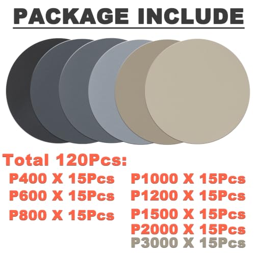 Image of 5 Inch Wet Dry No-Hole Sanding Discs, 120Pcs, 400-3000 Assorted Grit