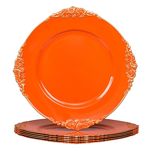 Maoname Orange Charger Plates With Gold Rim, Round Antique Plate Chargers For Dinner Plates, 13" Plastic Charger For Wedding Table Setting, Set Of 6 #TOP8