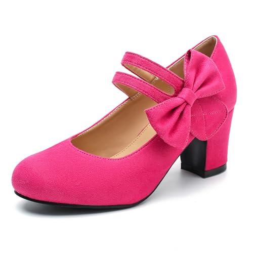 Womens Bow Heels Mary Jane Shoes Round Toe Chunky Heel Side Bow Dress Pumps