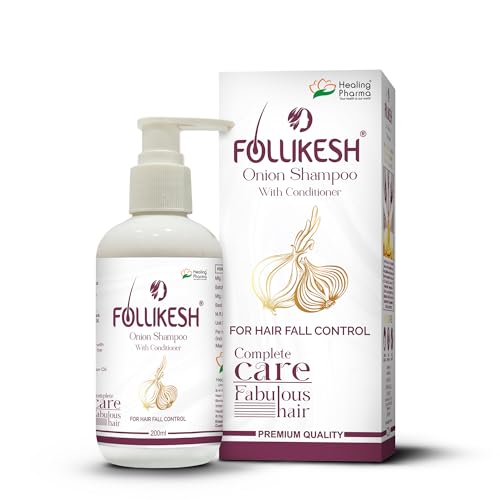 Image of Follikesh Red Onion Hair Shampoo with Conditioner for Women & Men | Anti-Hairfall & Anti-Dandruff | With Curry Leaves, Red Onion Oil, Rosemary Oil & Aloe Vera | Paraben & Sulphate Free - 200ml