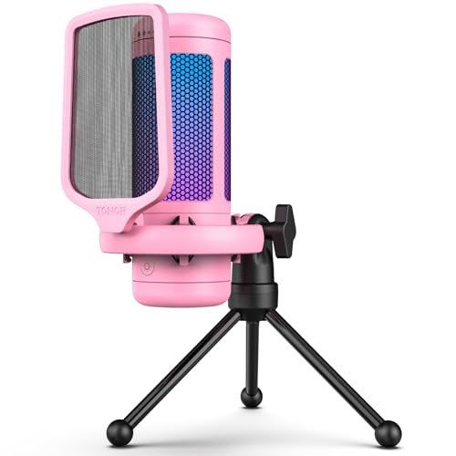 TONOR Gaming Mikrofon PC, USB Microphone für Computer PS4/5, Kondensatormikro mit RGB-Modi & Helligkeit einstellbar, Stummschaltung, Verstärkungsregelung, Mic für Streaming TC310 Rosa