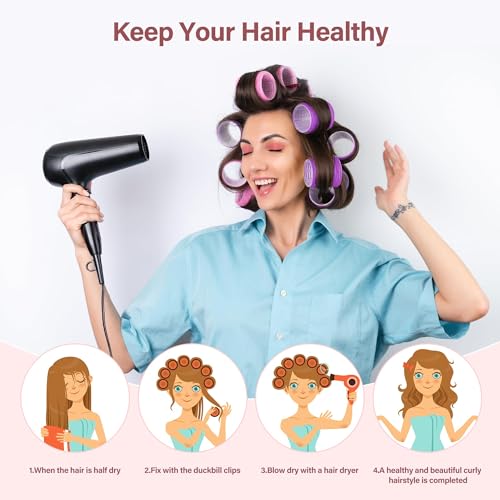 48 Pcs Self Grip Hair Rollers Set with 26 Rollers Hair Curlers & 20 Metal Clips, 3 Sizes Rollers for Blowout Look Long Medium Short Hair Volume, Jumbo Large Medium Hair Rollers DIY Hairstyles