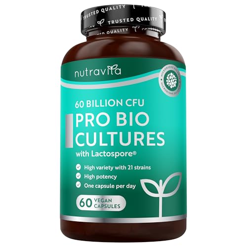 Nutravita Bio Cultures Complex - 21 Strain 60 Billion CFU - 1 Capsule Daily - 60 Vegan Delayed-Release Capsules - Clinically Studied LactoSpore Lactobacillus Reuteri Acidophilus & Inulin - UK Made