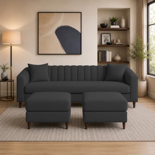 Image of Doraldo 3 Seater Sofa Set with 2 Ottoman for Living Room (Black) Premium Fabric Sofa