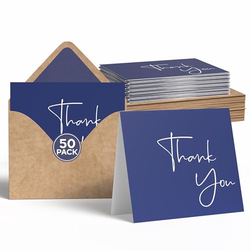 VNS Creations 50 Pack Thank You Cards With Envelopes, Stickers, 3.5x5 Inch Blank Thank You Notes - Bulk Box Set Notes for Graduation, Wedding, Small Business, Baby & Bridal Shower Card - Navy Blue