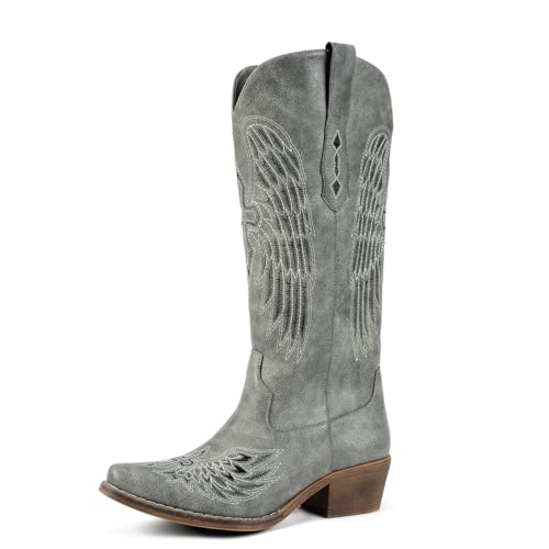 Chic Women's Embroidered Western Cowboy Boots – Angel Wings Design, Slip-On Mid-Calf Boots with Chunky Heel, Vintage Cowgirl Boots for Rodeo, Casual & Party Wear
