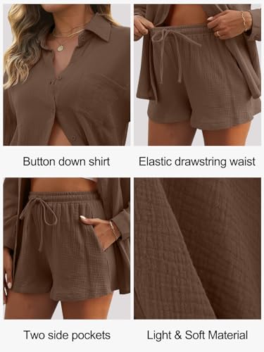Ensemble en lin 2 pièces pour femme avec chemise et short Yutdeng