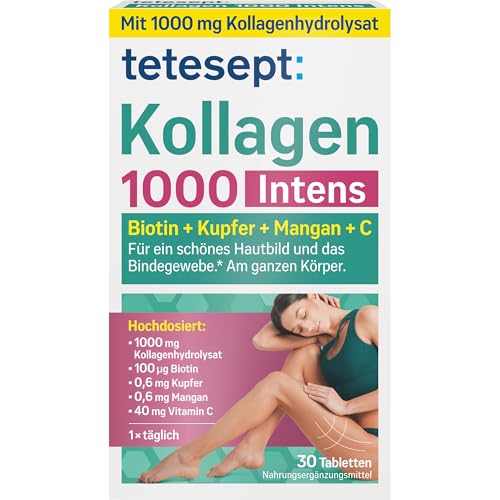 tetesept Kollagen 1000 Intens - Nahrungsergänzungsmittel mit Kollagen, Vitamin C, Biotin, Kupfer & Mangan - Für das Bindegewebe und ein schönes Hautbild - 30 Tabletten