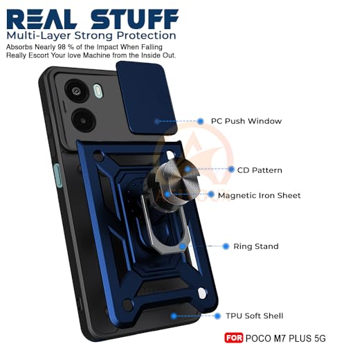 Image of Armor Bumper Back Cover Case for Poco M7 Plus 5G Rotating Camera Cover, Ring Holder & Kickstand | Heavy Duty & 360 Degree Protection Poco M7 Plus 5G Back Cover (Blue)
