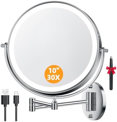 Auxmir Kosmetikspiegel mit Beleuchtung, 1X 30X Rasierspiegel Wandmontage | 5000mAh Akku, 10" Ausziehbarer Schwenkarm, 3 Lichtfarben, Stufenlos Dimmbar und 360° Drehbar für Badezimm