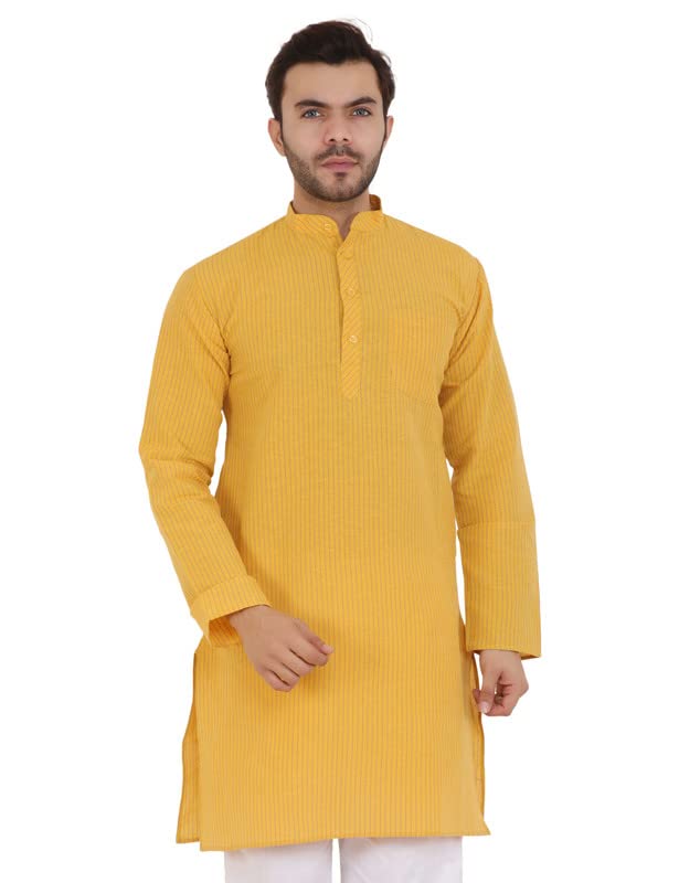 latestplus apparel LatestPlus Men's Solid Cotton Blend Ethnic Wear Regular Full Sleeve Kurta (Yellow_Medium)-picture-11