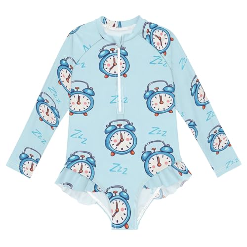 Toddler Swimsuit Girl Bathing Suit Swimwear Rash Guard Blue Alarm Clock Long Sleeve 3T