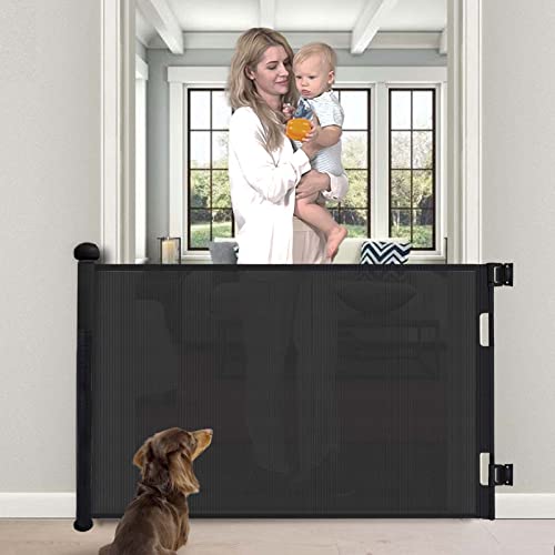 Image of PETGOD Retractable Baby Gate, Upgraded One-Way Lock Mesh Dog Gate Tall 34”, Extends up to 71” Extra Wide Pet Gates and Safety Child Gate for Stairs, Doorways, Hallways, Banisters, Indoors, Outdoors
