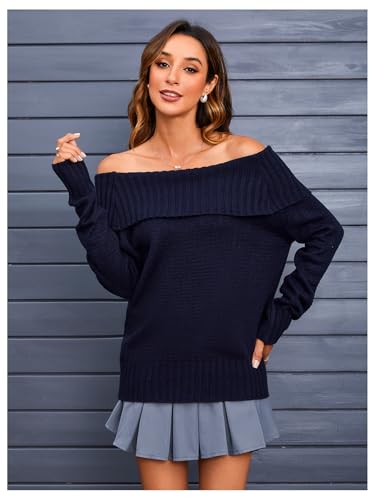 Image of MakeMeChic Women's Long Sleeve Sweater Off The Shoulder Rib Knitted Tops Loose Knitwear Blue Medium