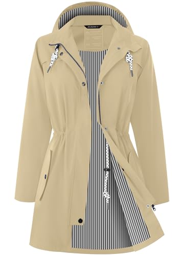 Zdoynto Regenjacke Regenmantel Damen Kapuze Lang Women Rain Jacket Frauen Übergangsjacke Softshelljacke Wasserdicht Trenchcoat Outdoor Khaki M