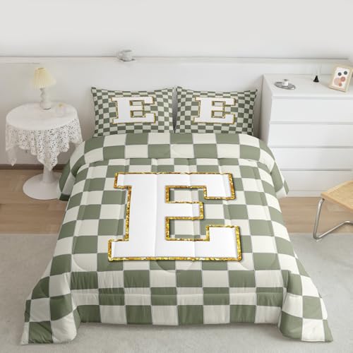 Image of Erosebridal Sage Green Checkered Bedding Set King Plaid Initial E Comforter Set for Kids Adults Personalized Monogram Down Comforter,Fashion Grids Gingham Quilt Duvet