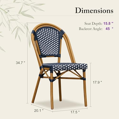 Image of PURPLE LEAF Patio Dining Chair Set of 2 Outdoor French Aluminium Frame in Champagne Finish with Navy Blue & White Woven Rattan for Indoor Kitchen Deck Bistros Cafe Restaurant