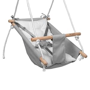 TULANO Hop 40 Grey-White | Kinderschaukel Babywippe Babyliegesitz 3in1 | Schaukel Kleinkindschaukel | Indoor Outdoor | 5-Punkt-Gurt | Tragfähigkeit bis 60kg | 6-36 Monaten | aus Holz | Grau Weiß