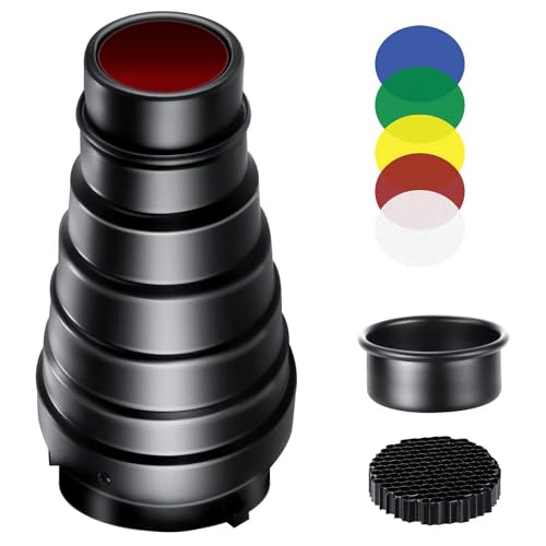 [Snoot multifunzione] Lo snoot conico viene utilizzato per ridurre l'area della sorgente luminosa, limitare la gamma di illuminazione ed evidenziare il corpo principale. Consente di controllare la colonna di luce. Perfetto come luce per capelli, luce d'accento drammatica o modofier retroilluminazione per creare un fascio di luce stretto sul soggetto.
