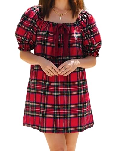 Image of Women Y2k Puff Sleeve Babydoll Dresses Square Neck Tie Back Mini Dress Summer Solid Off Shoulder Flowy Sundress