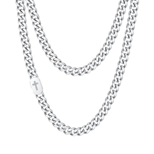 VNOX Cross Necklace for Men - Solid Mens Cross Cuban Link Chain Necklaces Stainless Steel Silver/Gold Plated Chains for Men, Cool Miami Hip Hop Jewelry Gifts 18 22 Inch Chain Silver 22 Inche