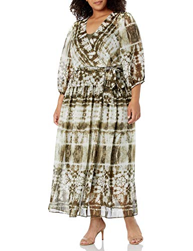 Calvin Klein Women's Size Long Sleeve Maxi Dress with Faux Wrap, Caper Multi, 20 Plus