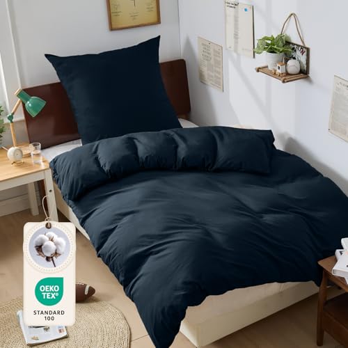 BEDELITE Bettwäsche 135x200 Baumwolle 2teilig - Bettwäsche-Sets Dunkel Blau mit Reißverschluss Bettbezug 135x200cm mit Kissenbezug 80x80 cm Oeko-TEX Bedding weiche und kuschelige Bettwaren