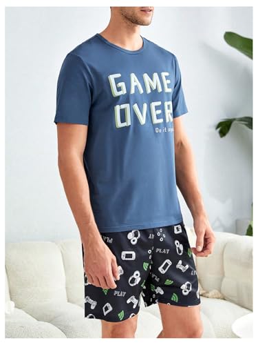 Image of Verdusa Men's Pajamas Set 2 Piece Pjs Sets Short Sleeve Letter Print Tee and Short Lounge Set