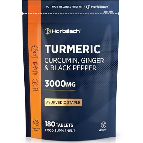 Turmeric Tablets 3000mg with Black Pepper & Ginger | 95% Curcuminoids | High Strength Active Curcumin Extract | 180 Vegan Tablets (Not Capsules) - 3 Month Supply | Horbaach