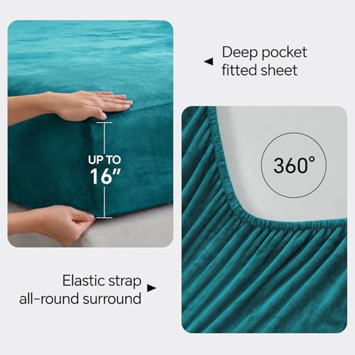 Image of BEDELITE Flannel Sheets King Size Teal - Super Soft Fleece Sheets Set Fluffy Extra Plush, 4 Piece(Include Fitted Sheet, Flat Sheet, 2 Pillowcases)