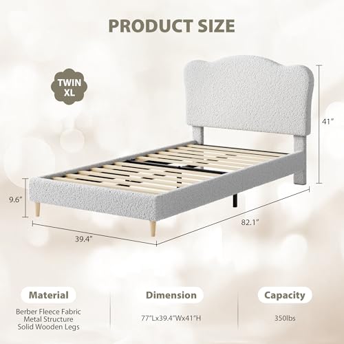 Image of GarveeHome Kids Twin XL Bed Frame with Adjustable Headboard, Sherpa Fleece Upholstered Modern Platform Bed Frame with Sturdy Wood Slats, No Box Spring Needed, Easy Assembly, Light Grey