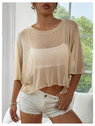 GORGLITTER Women's Mesh Short Sleeve Crop Tops Sexy Sheer See Through Crew Neck Cropped T Shirts3