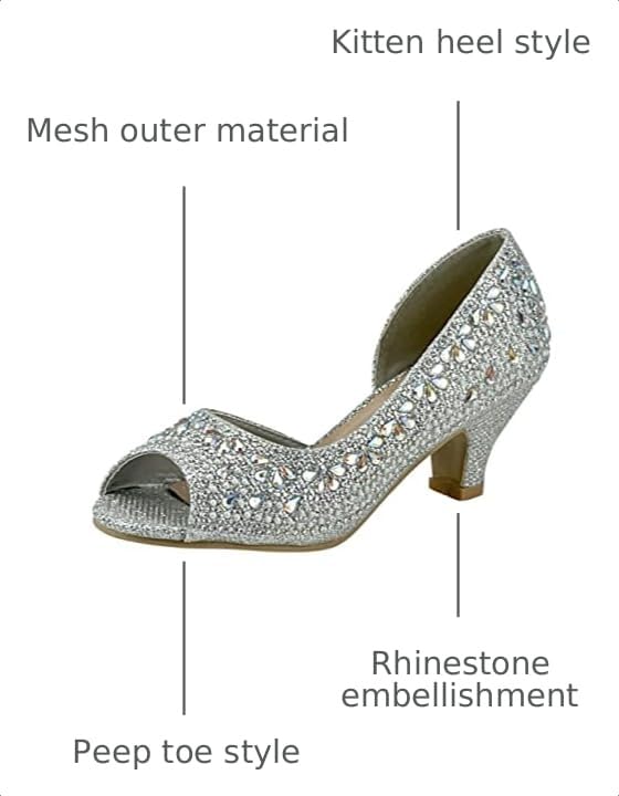 Image of Girls Fashion Kitten Heels - Glittering Rhinestone Dress Shoes for Kids - Peep Toe Low Pump Sandals for Fancy Events - Great for Weddings, Pageants, Church, and More